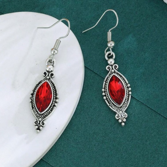 Any 4/$25! Silver Red Crystal Victorian Drop Earrings - Picture 2 of 7